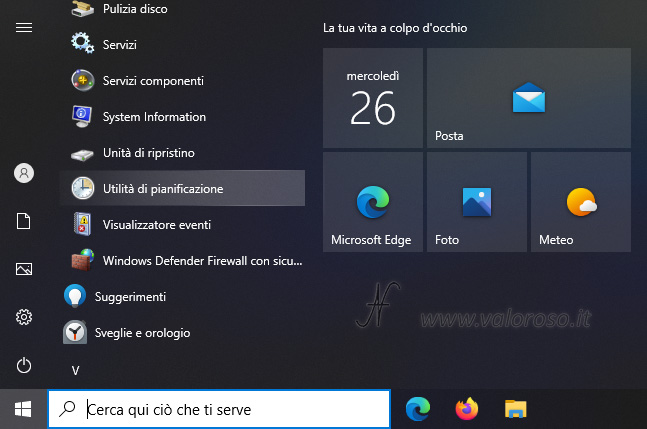 Windows 10 menu avvio, Utilita di pianificazione, Strumenti di amministrazione di Windows
