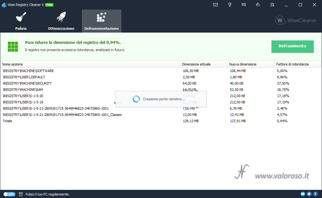 Wise Registry Cleaner, registry defragmentation, restore point creation