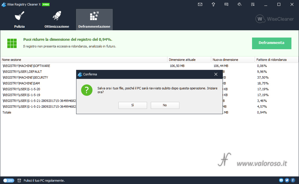 Wise Registry Cleaner, deframmentazione registro, iniziare deframmentazione, riavviaro del PC necessario