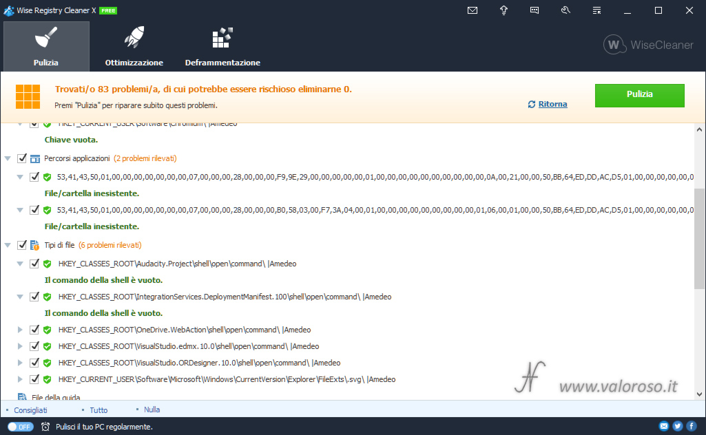 Wise Registry Cleaner, registry optimization, empty key, non-existent file, shell, detail problems