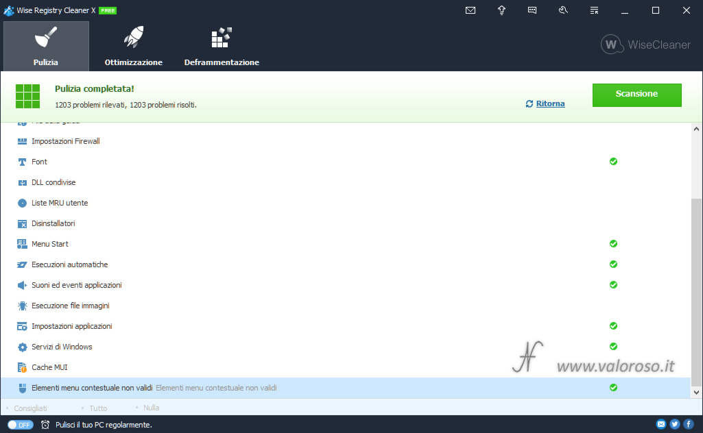 Wise Registry Cleaner, scansione pulizia registro Windows completata, problemi risolti