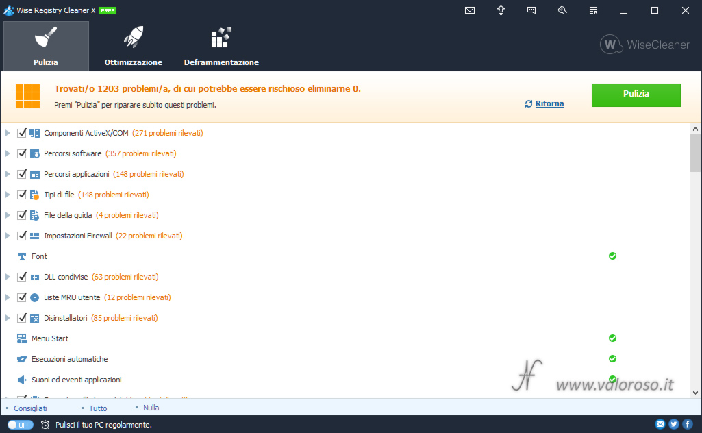 Wise Registry Cleaner, scansione pulizia registro Windows, componenti guida firewall start, trovati problemi