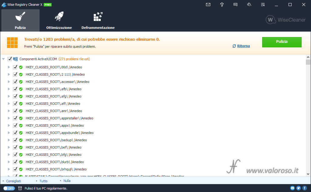 Wise Registry Cleaner, scansione pulizia registro Windows, problemi associazione tipi file