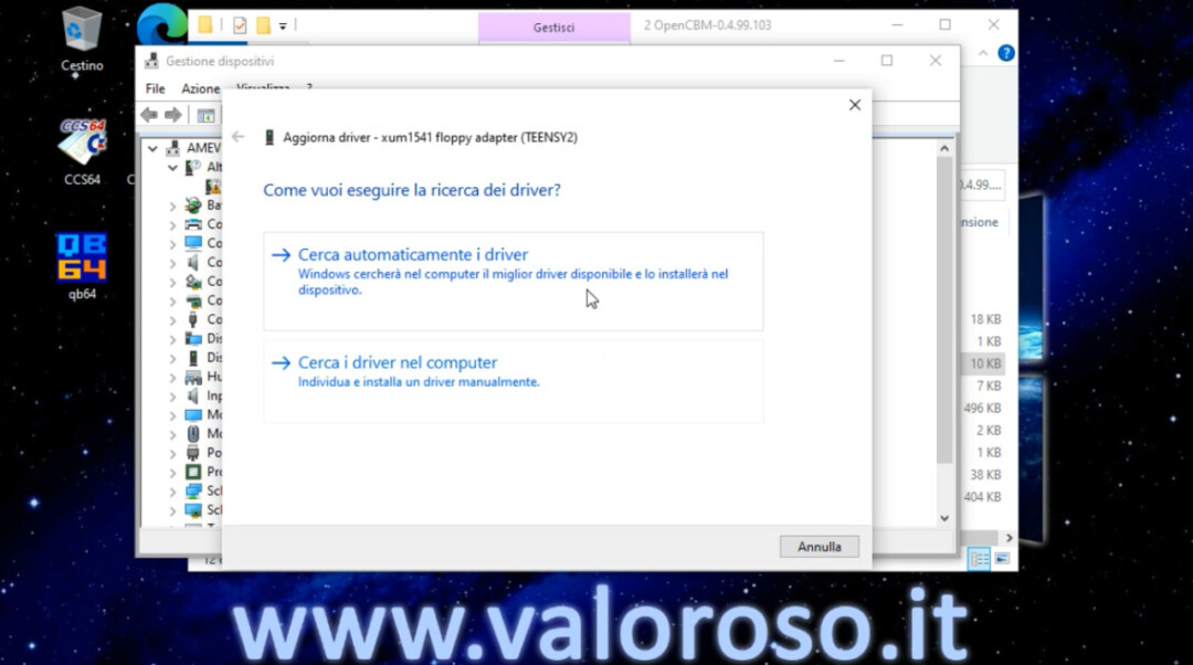 XUM1541 floppy adapter Teensy2 generic cerca automaticamente driver senza firma Windows 10, Pannello di controllo, Gestione dispositivi, Aggiorna driver, Cerca automaticamente i driver