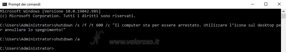 shutdown a come annullare lo spegnimento del pc computer Windows 10, shutdown /a -a, cmd prompt dei comandi